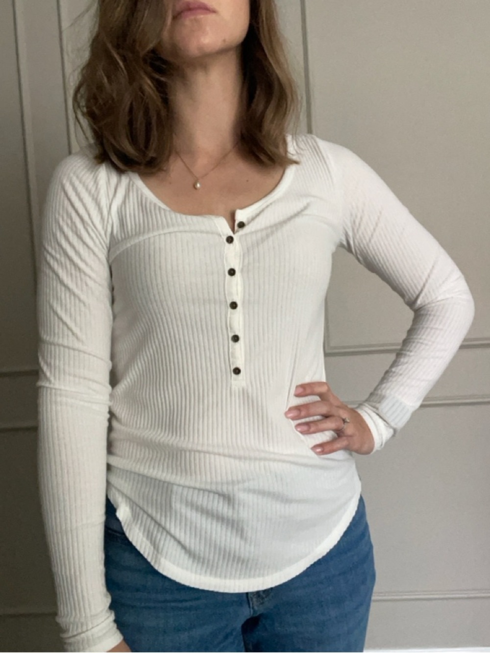 Abercrombie & Fitch White Ribbed Henley Long Sleeve Top